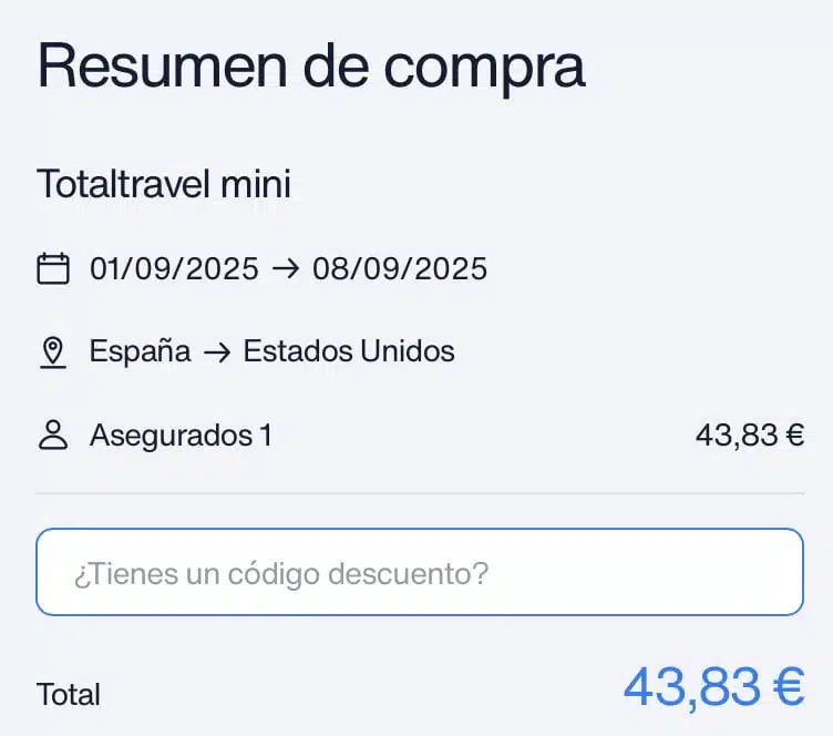 Pantalla de compra sin descuento – Totaltravel Mini 7 días USA (05/2025)