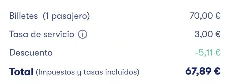 Pantalla de compra con descuento – Omio (08/2025)